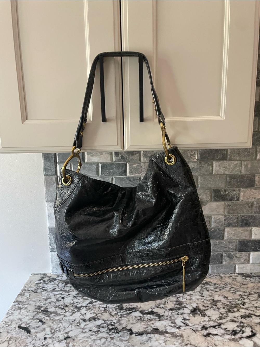 orYANY Black Patent Shoulder Bag with Gold Hardware